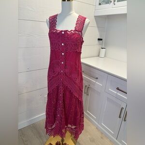 Farm Rio Pink Lace Midi Dress Size S | Button Front Resort Vacation summer